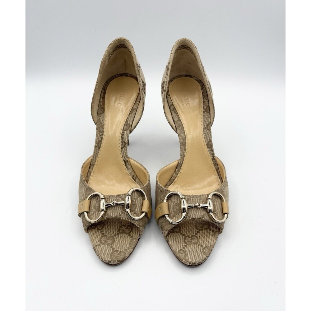 Gucci Brown Canvas Monogram Mules Silver Horsebit Accent Open Toe Sz EU 36.5